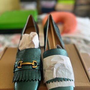 Boden Shimmering Green Block Heels